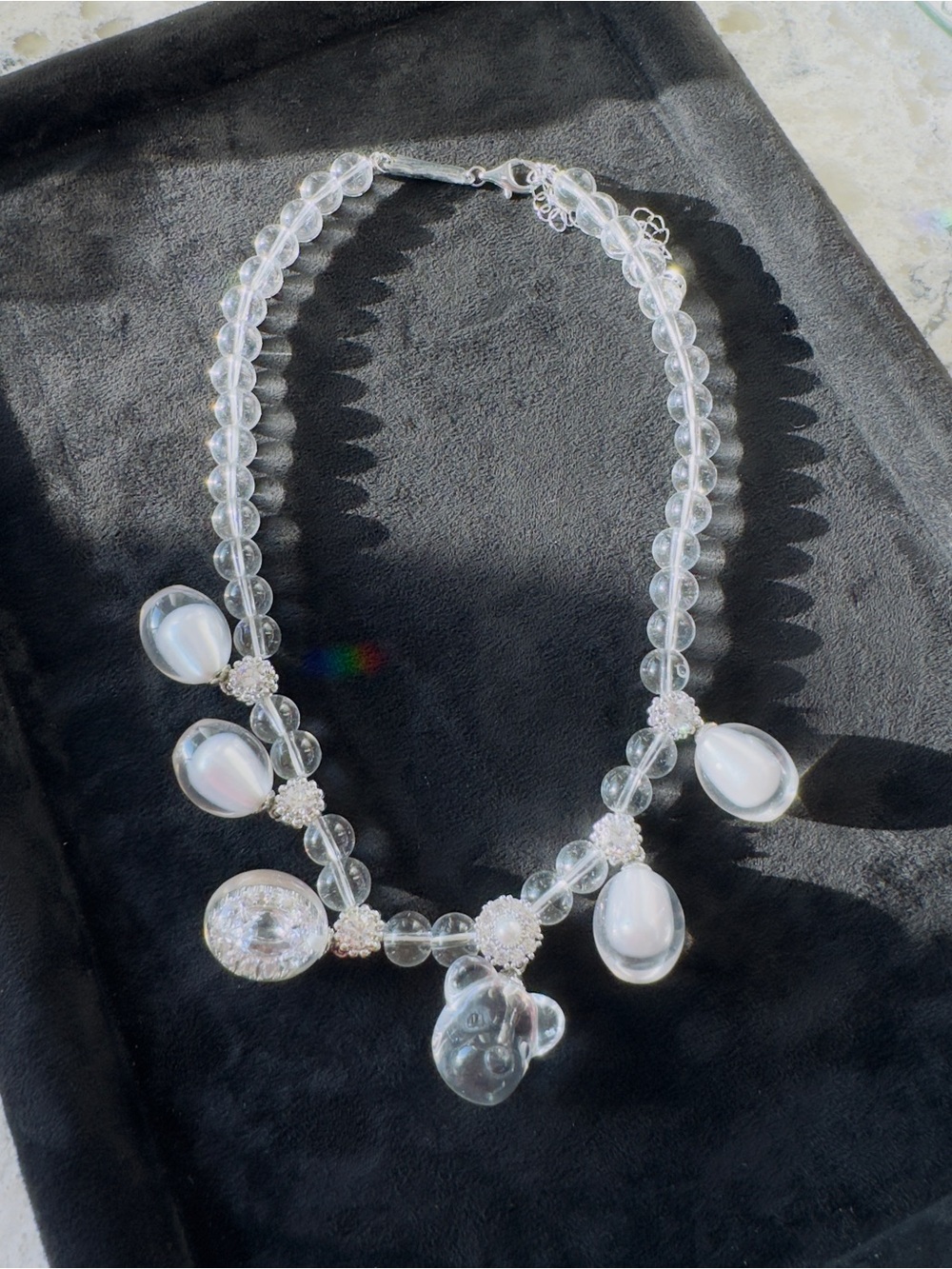 Clear crystal Bead and Teardrop and Bear Pendant Necklace - White